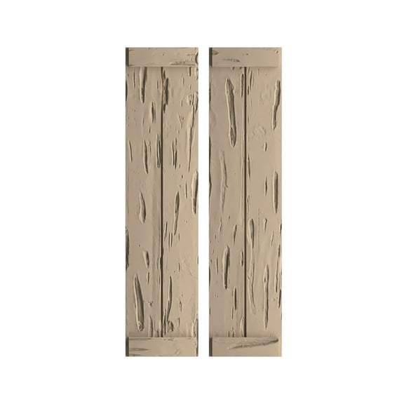 Ekena Millwork 11"W x 64"H Rustic Two Board Joined Board-n-Batten Pecky Cypress Faux Wood Shutters w/End Batten (Per Pair), Primed Tan