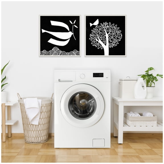 Kate and Laurel Black and White Linocut Birds - set of 2 22x22 Framed Canvas Wall Art Set by Giuliana Lazzerini, Sylvie Beaded White, Black & White, Animals, Abstract, Animals, Nature Art