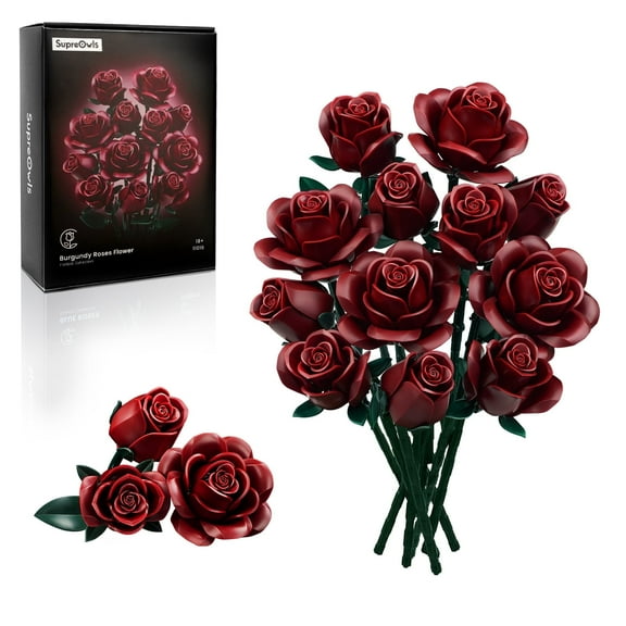 Burgundy Red Rose Bouquet Building Set, While Red Flowers for Adults Women, Botanical Collection Gift for Halloween & Valentines - Artificial Plant Gothic Home Decor