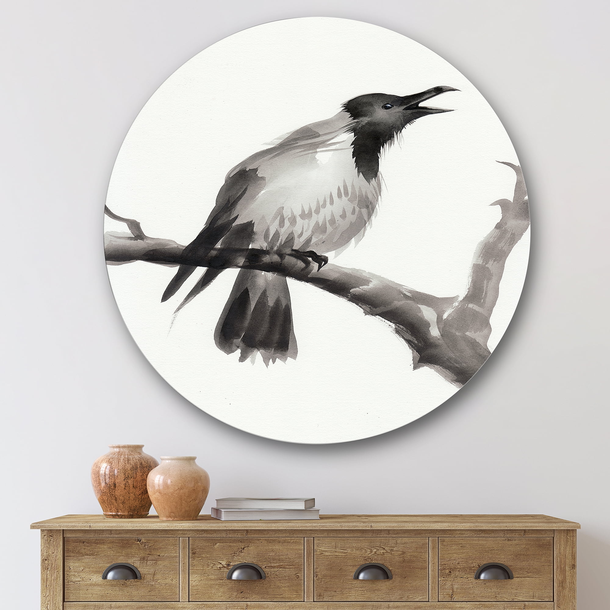 Designart 'Monochrome Crying Crow On A Branch' Traditional Circle Metal Wall Art 29x29 - Disc of 29