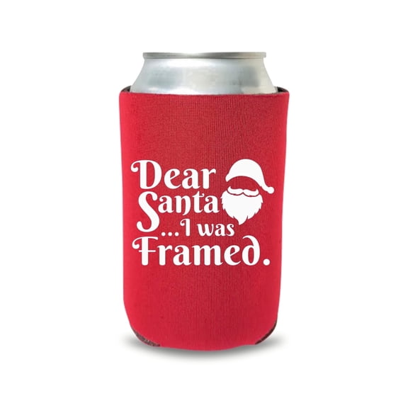 Christmas Can Coolers, "Dear Santa I Was Framed" Holiday Beer Can Sleeves, Funny Christmas Beverage Insulator, Reusable Drink Accessory, Holiday Party Favor Style, Red