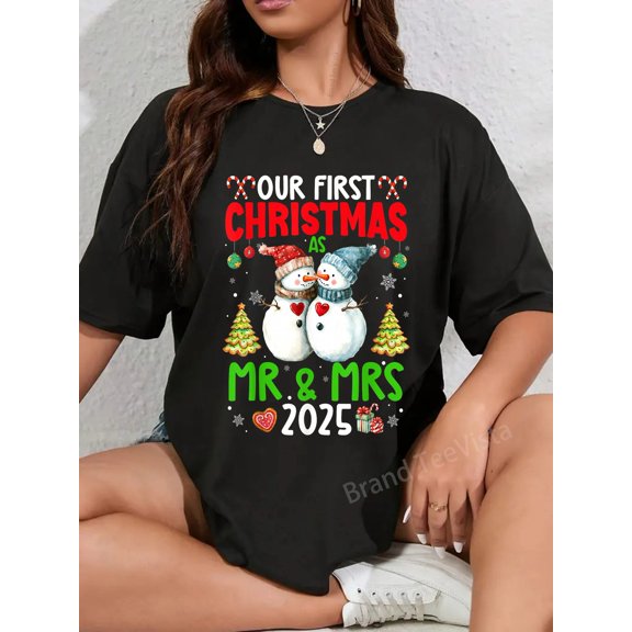 Our First Christmas as Mr & Mrs 2025 Couple Matching Pajamas T-Shirt