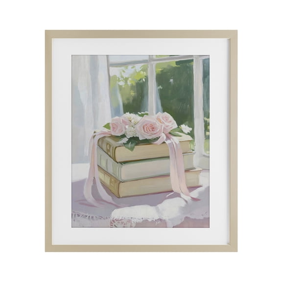 Stupell Industries Glam Stack Of Books with Roses Birch Framed Print Under Glass, 17 x 21, by The Prints Vibe