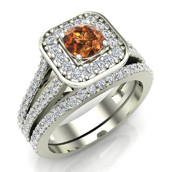 Champagne Diamond Wedding Ring Set Round Cut Diamond Cushion Halo Rings Split Shank 14K White Gold 1.25 Carat (F,VS1)