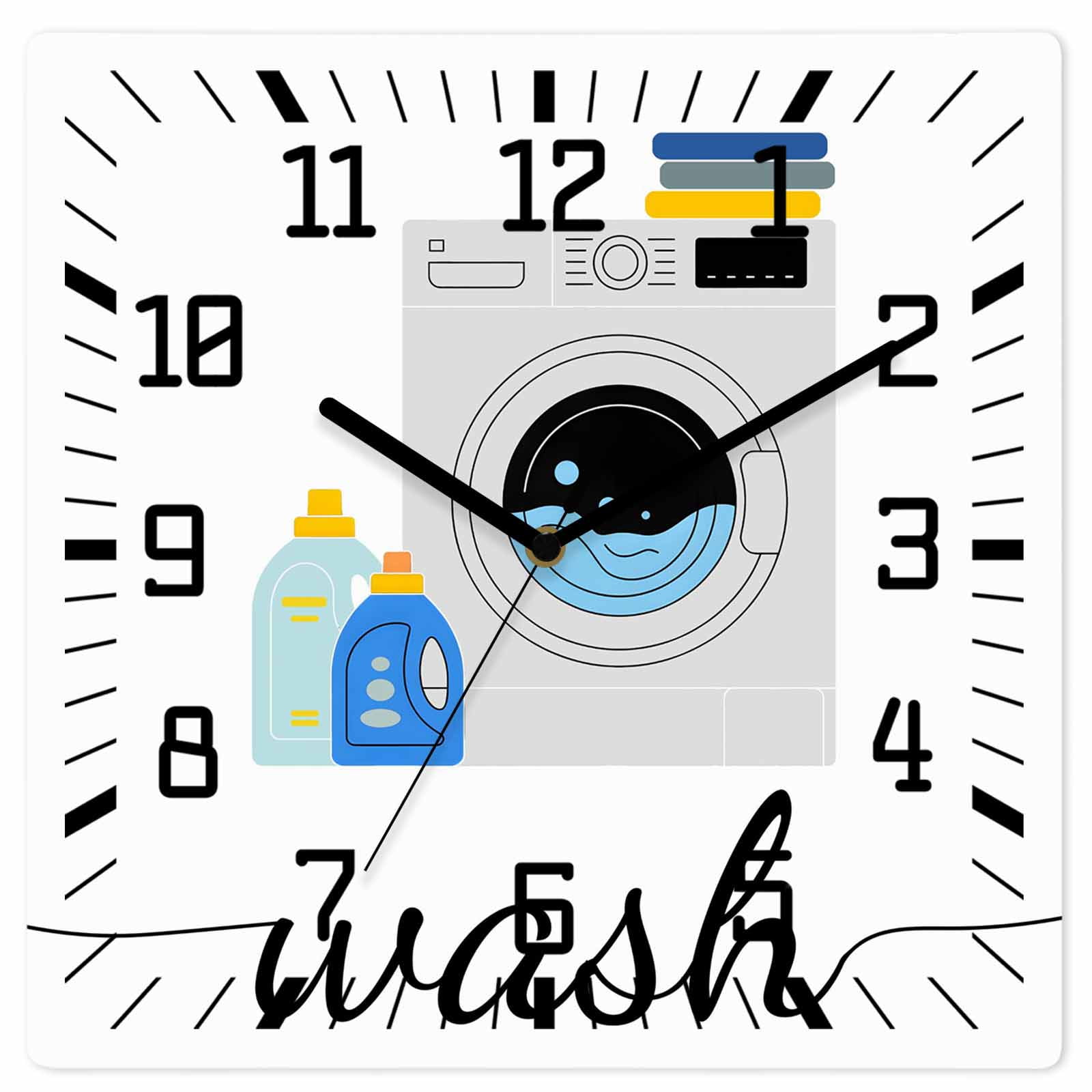 Laundry Room Wooden Wall Clock Silent Non Ticking Modern Minimalist Washing Machine Square Wall Clocks Battery Operated Decor Clock for Home Office Living Room Kitchen 12 Inch