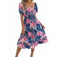 thumbnail image 4 of Women's Off Shoulder Floral Smocked Midi Flowy Long Dresses Dress for Beach Summer Blue M, 4 of 10