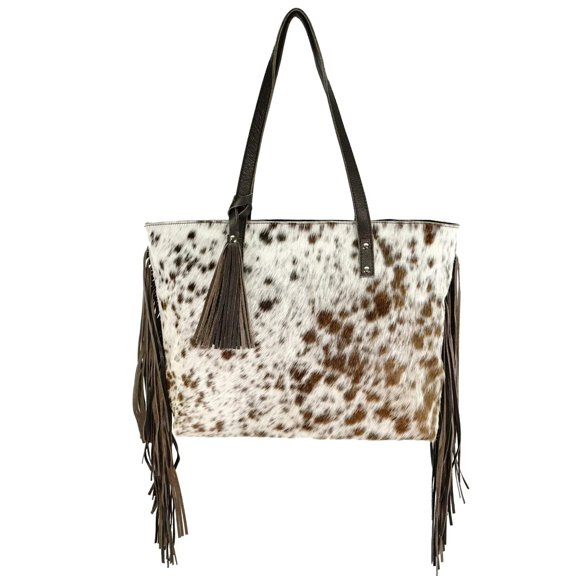 Genuine leather hair on cowhide women's shoulder bag with fringes
