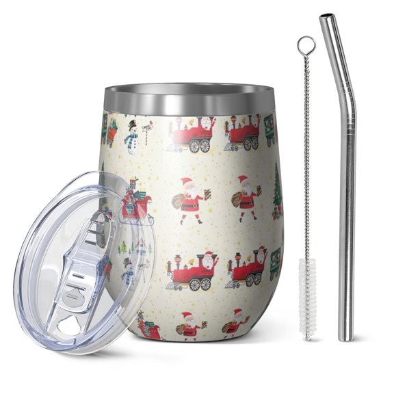 12oz Stemless Wine Tumblers Beige Christmas Santa and Train Pattern Vacuum Insulated Stainless Steel Travel Tumbler Cups Mug with Lid and Straw for Champaign,Cocktail,Beer with Cleaning Brush