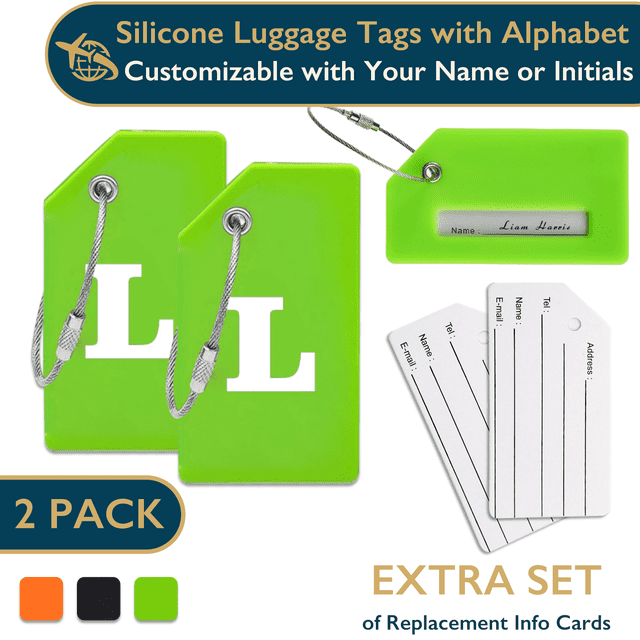 ComfiTime Luggage, Luggage Tags con Alfabeto: Maletas Tags de Silicona Aprobadas por la TSA, Bolsa de Viaje, Equipaje y Mochilas con Cubierta de Privacidad, Presilla de Acero Inox.