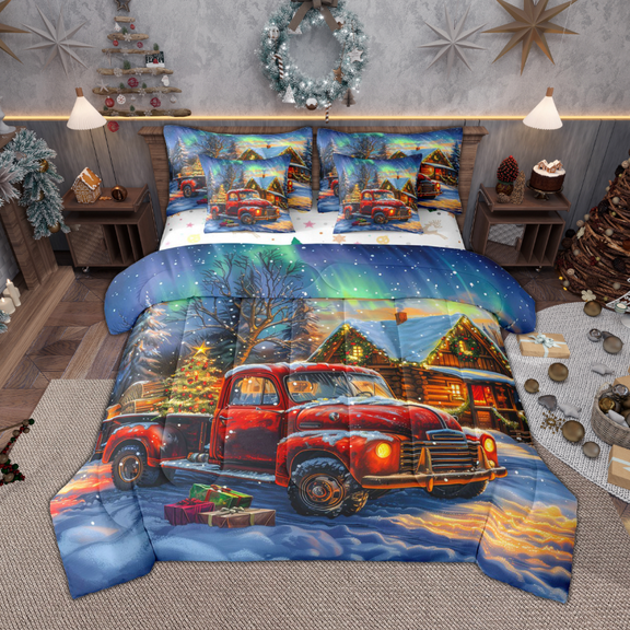 Manfei Red Farm Truck Twin Bedding Sets 7pcs, Merry Christmas Bedding Comforter Set for Kids Boys Girls, Cute Gingerbread House Sheet Sets, Breathable Home Decor