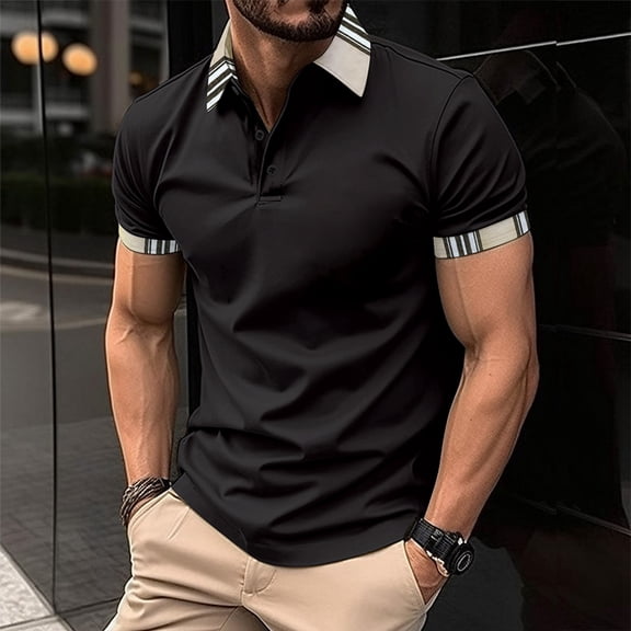 Mens Polo Shirts Button Up Collared Solid Color Short Sleeve Top Sports Summer Golf Shirts for Men Black L