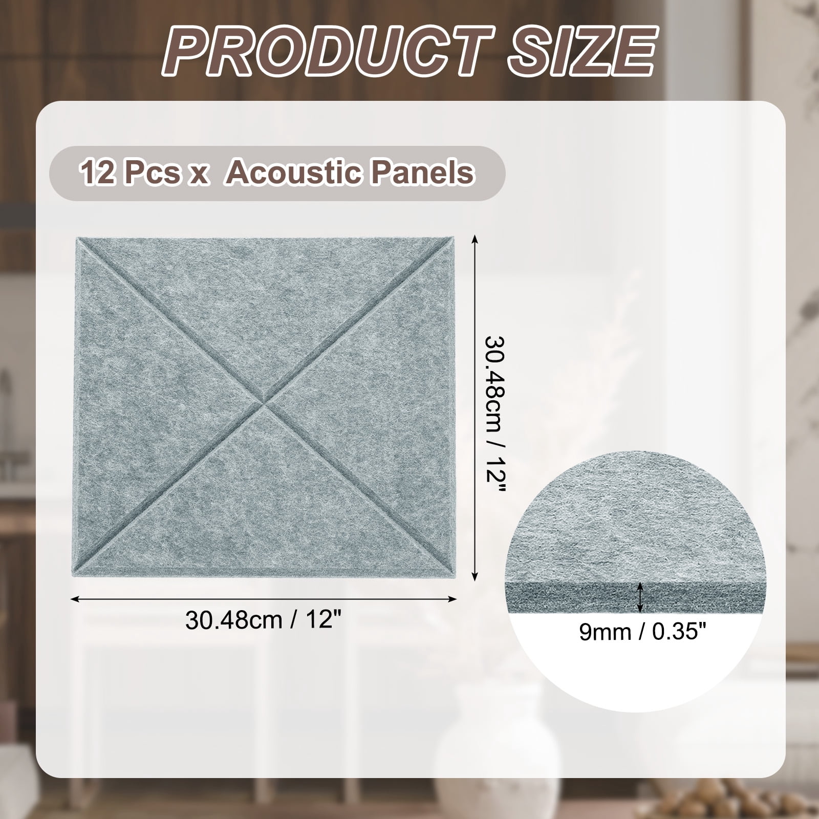 12pcs Adhesive Acoustic Panels Square High-Density Sound Proof Felt Self Stick Non-Slip Anti Vibration Pads Anti-Skid Noise 12 Inch Long x 0.39 Inch Thick, Cement Gray