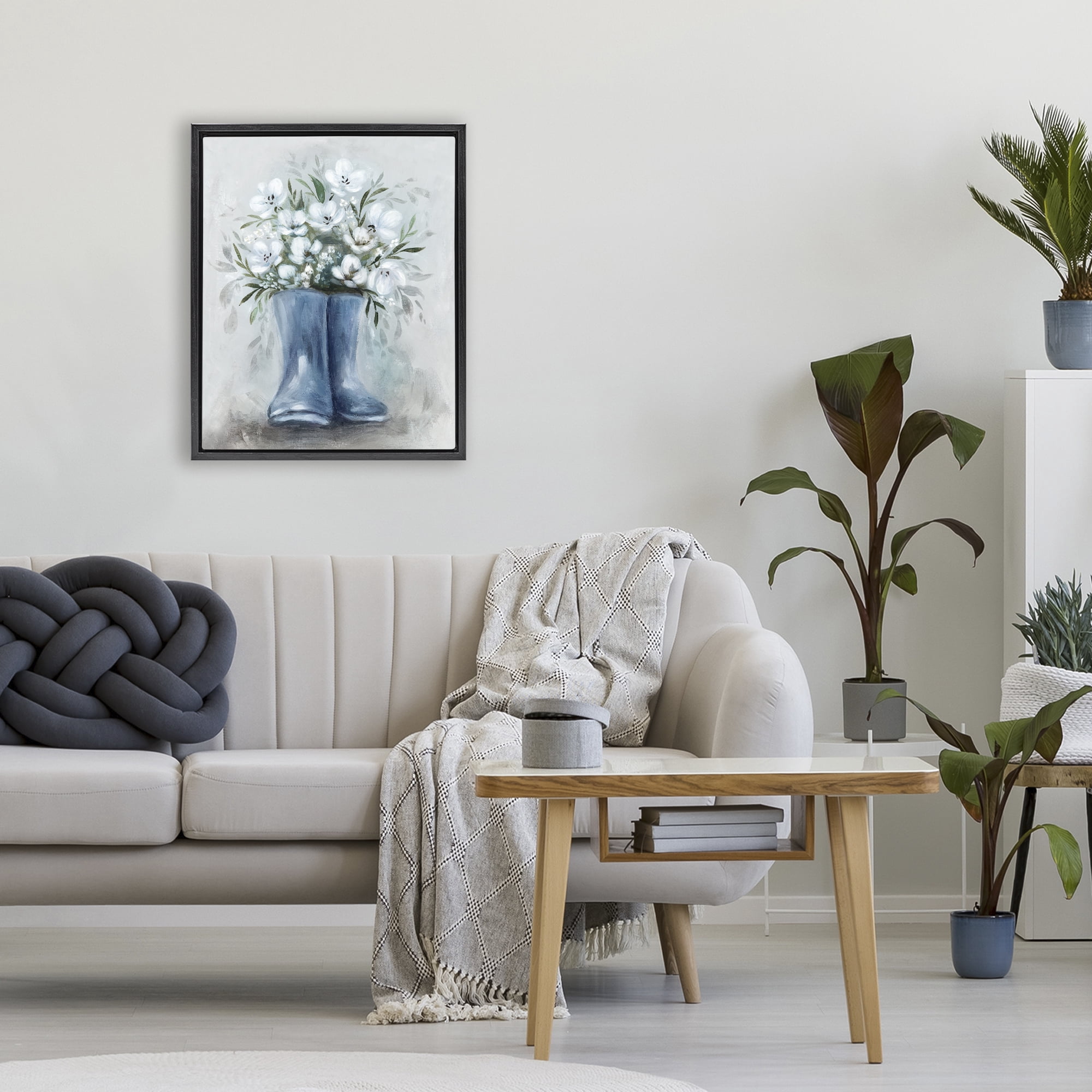 Stupell Industries Botanical Bouquet in Blue Boots Black Framed Floater Canvas Wall Art, design by Kristen Brockmon