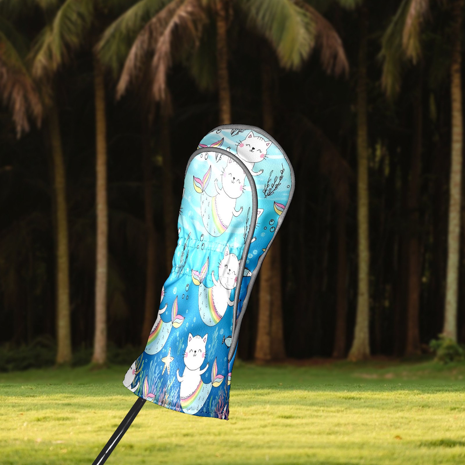 Golf Club Head Covers - Mermaid Cat Blue Design, Premium PU Leather Driver Hybrid Headcovers with Velvet Lining, Waterproof Golf Gifts for Men Women