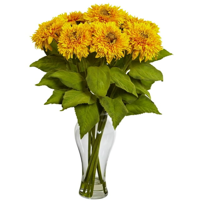 Nearly Natural 1360-YL Sunflower Arrangement With Vase - Yellow
