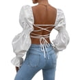 thumbnail image 6 of Franhais Women's Solid Color Crop Tops, Elegant Long Puff Sleeve Strappy Backless Tight T-Shirts, 6 of 7