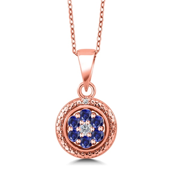 Gem Stone King 18K Rose Gold Plated Silver Blue Created Sapphire and White Diamond Round Pendant Necklace for Women (0.43 Cttw, Gemstone Birthstone, with 18 inch Chain)