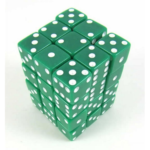 Green Opaque Squared Corner Dice with White Pips D6 12mm (1/2in) Pack of 36 Koplow Games