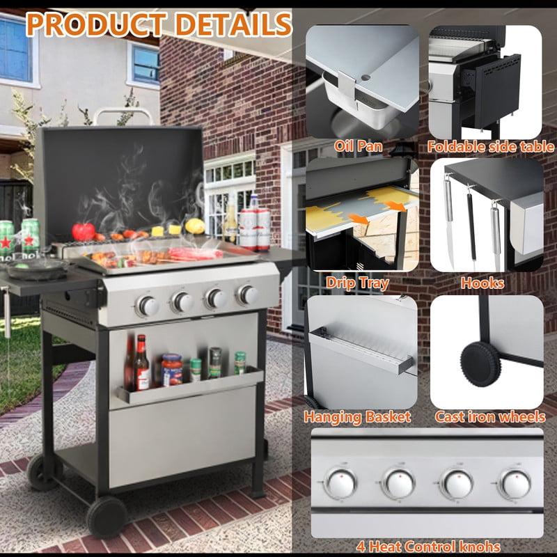 4-Burner Propane Gas Grill with Griddle Grill and Wire Enamel Grids, 49200 BTU Stainless Steel Outdoor BBQ Gill with Foldable Side Table and Hanging Basket for Backyard Barbecue
