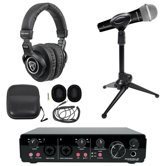 Rockville R-TRACK 2x2 1-Person Podcast Kit w/Dynamic Microphone Stand Headphones