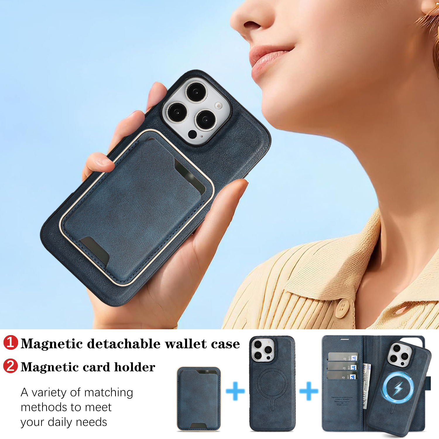 TECH CIRCLE 3-in-1 Phone Case for iPhone 15 Pro Max (2023 Release, 6.7"), Magnetic Flip Wallet Case with Detachable Magnetic Back Cover and Card Holder, Compatible with MagSafe Accessory, Blue