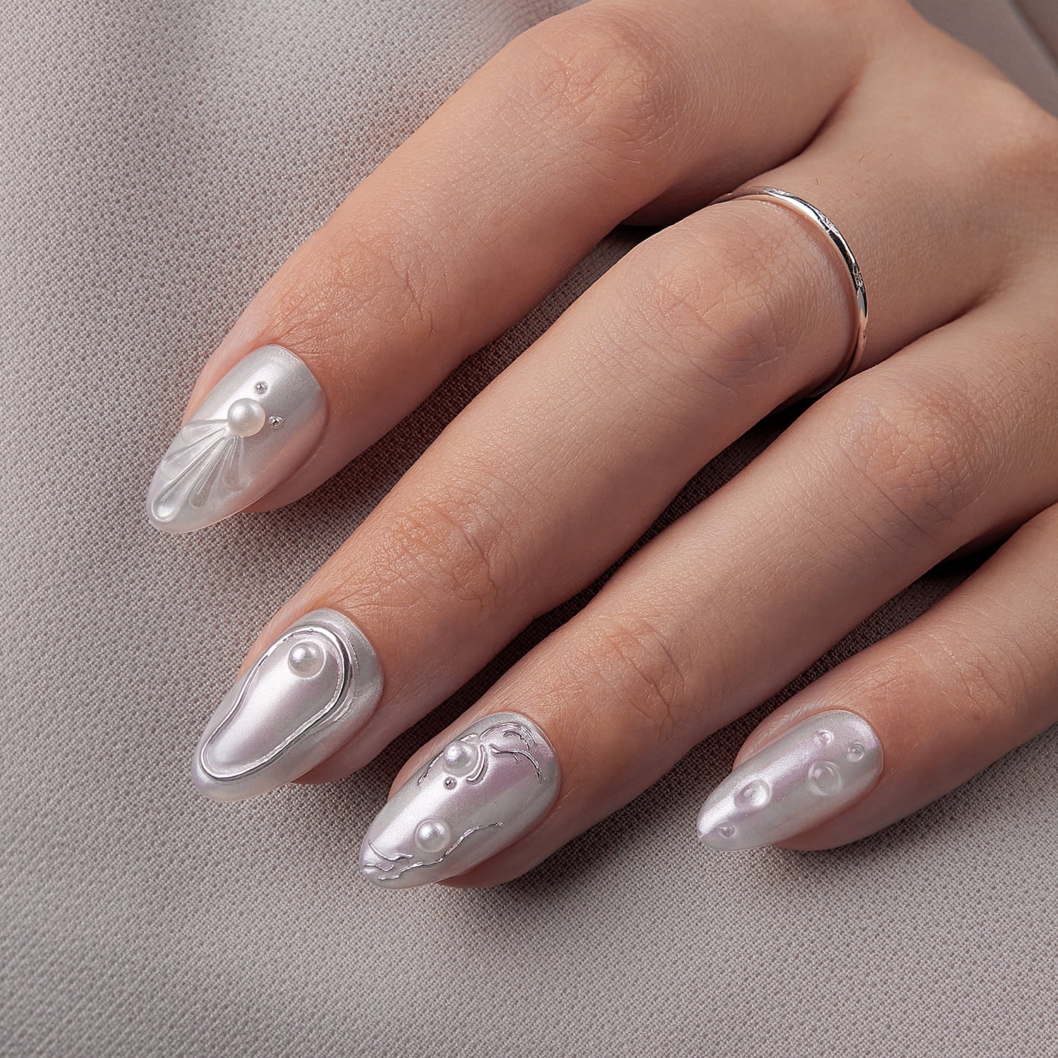 VSALON Press-On Nails Short Almond - 42 PCS Pearl White 3D Metallic Fake Nails for Women, 32 Main Nails in 16 Sizes &10 Champagne Alternative Nails - Reusable Glue on Nails Set with Tool Kit