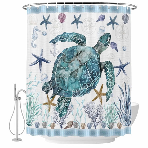 Blue Sea Turtle Bathroom Shower Curtains with Hooks, Ocean Watercolor Blue Seastars Seaweed Corals Anchor Waterproof Fabric Washable Shower Curtain for Home Hotel Bathtub Decor 54x78 Inch