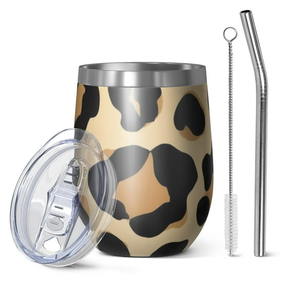 12oz Stemless Wine Tumblers Leopard Print Pattern Vacuum Insulated Stainless Steel Travel Tumbler Cups Mug with Lid and Straw for Champaign,Cocktail,Beer with Cleaning Brush