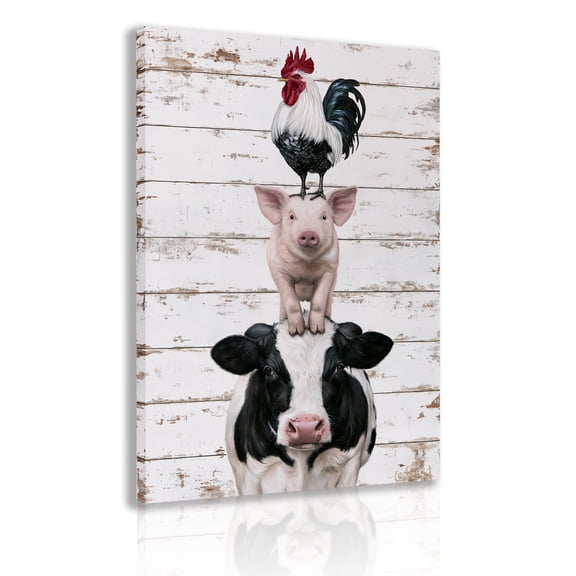 Fun Farmhouse Animal Stack Framed Canvas Wall Art — Cow, Pig, and Rooster Poster — Ideal for Farmhouse and Rustic Kitchen Home Decor