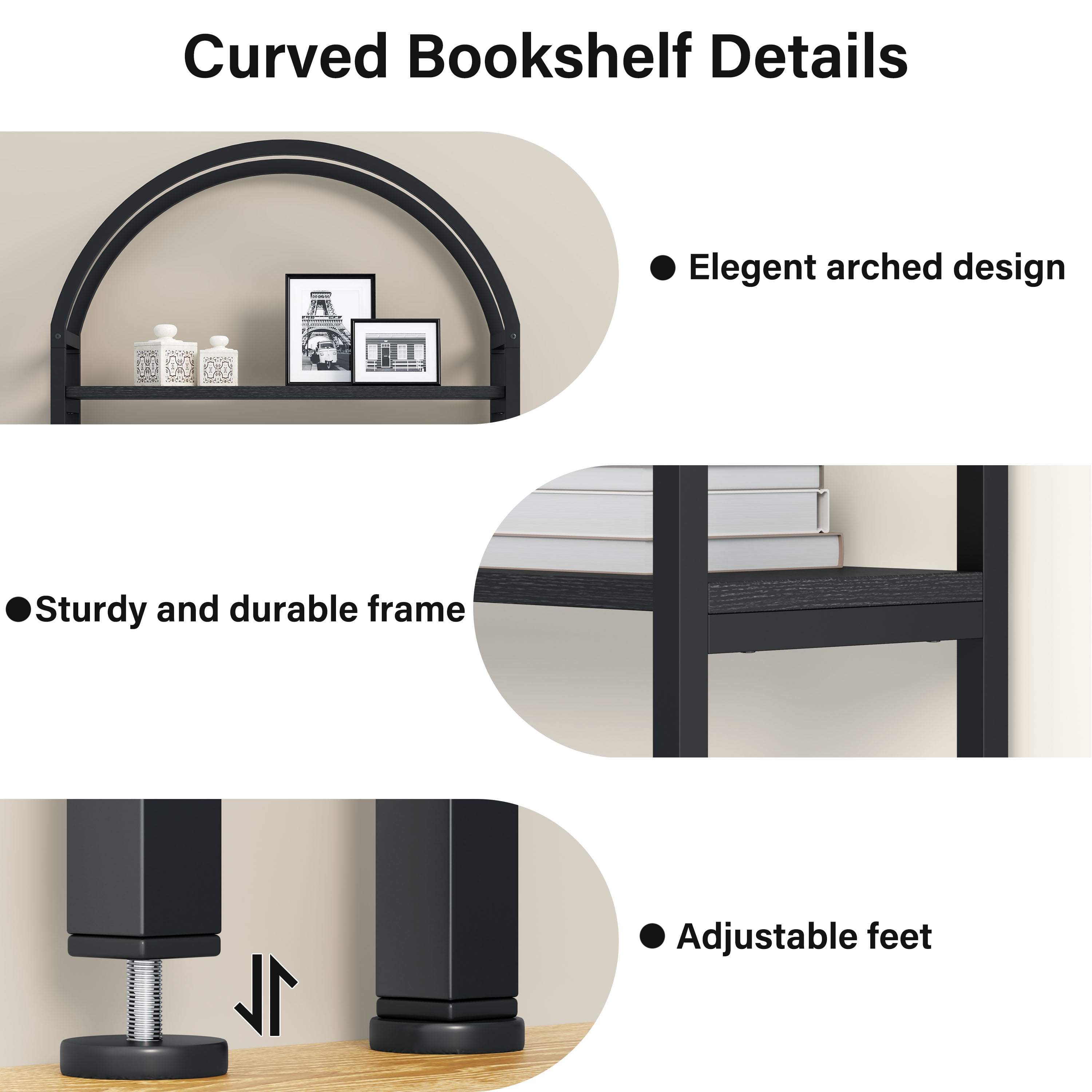ModFurne Arched Bookcase with Doors,71" Tall Arched Bookshelf, 4-Shelf Open Display Bookshelf, Freestanding Storage Unit for Living Room/Office, Black