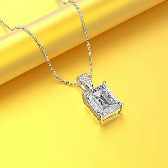 3Ct Emerald Cut Diamond Solitaire Pendant 14K White Gold Plated Silver