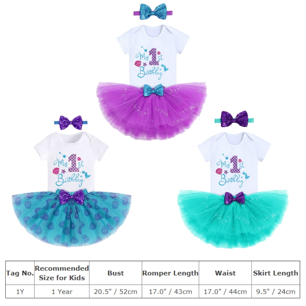 IBTOM CASTLE Toddler Baby Girls Mermaid 1st Birthday Outfit Princess Romper + Tutu Skirt + Shiny Bowknot Headband Cake Smash Clothes Set, 3-Piece