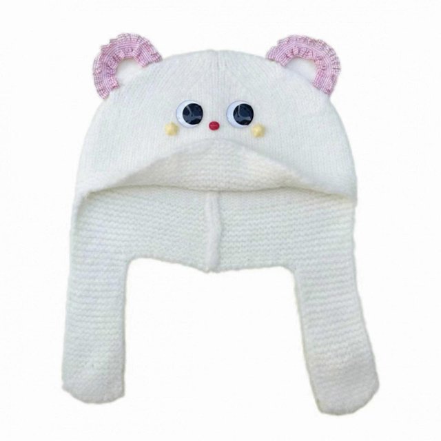 Knitted Brimless Hat Cartoon Bear Hat for Outdoor Activity Windproof Winter Ear Flap Hat All Matching Warm Headpiece brown
