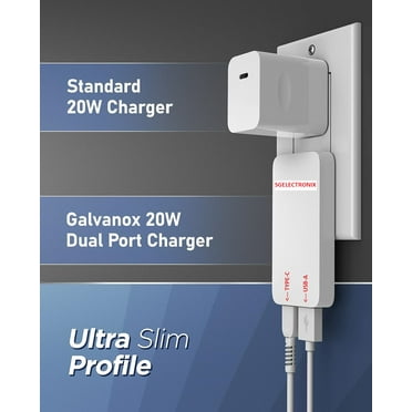 SGElectronix Type C Flat Wall Charger, Galvanox Ultra Slim (Multi-Port Power Adapter) for iPhone 11/12/13/14 iPhone 15 Pro/Max and Samsung Galaxy Models, 20W Fast Charging Outlet Plug Dual USB-C USB-A