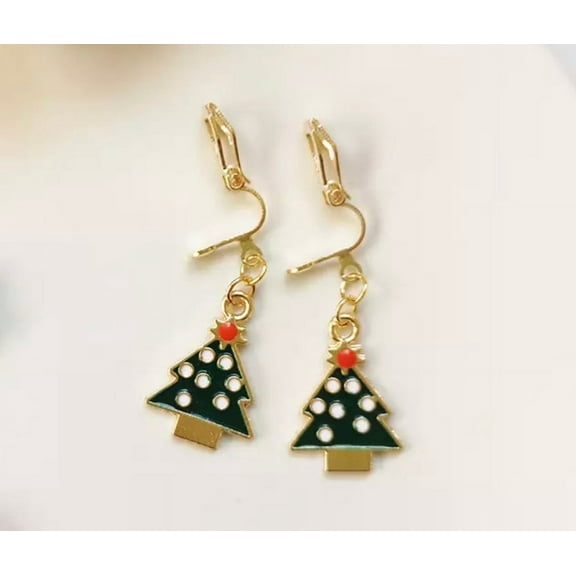 Clip on 1 1/2" gold, green, white and red dangle Christmas Tree earrings