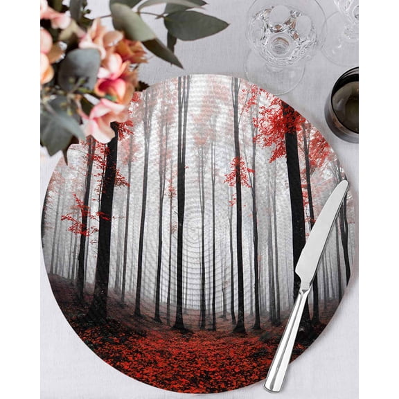 13 Inch Round Placemats Set of 6, Red Forest Non Slip Heat Insulation PP Table Mats, Vintage Foggy Woods Tree Mysterious Washable Place Mats for Kitchen Dining Party Table Decor