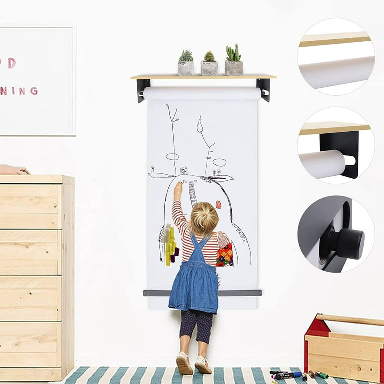 Wall Mounted Easel With Shelf Made From Solid Wood Children's Drawing Board  Hanging Kraft Paper Roll Dispenser Handcrafted Folkhaus 
