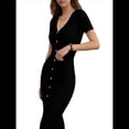 thumbnail image 2 of Vestido Midi Informal de Punto Acanalado, Cuello en V y Corta para Mujer, Otoño 2025, Ajustado, para Invierno Negro M, 2 of 8