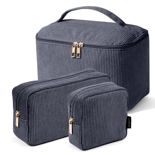 Bolsa de maquillaje MAGEFY, bolsa de pana para cosméticos con asa, 3 unidades, gris