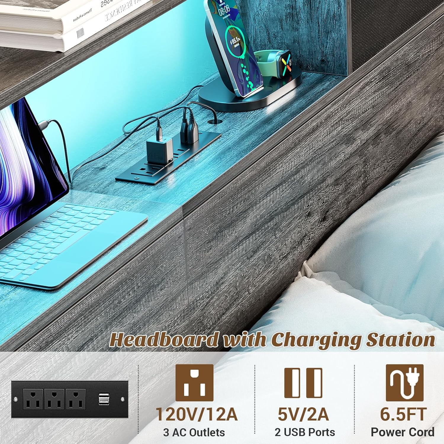 Homieasy Queen Headboard with Drawer Storage and LED Light, Wood Headboard for Queen Size Bed with Power Outlet and Bookcase, Sturdy Head Board for Bedroom, Dorm Room, Guest Room, Black Oak