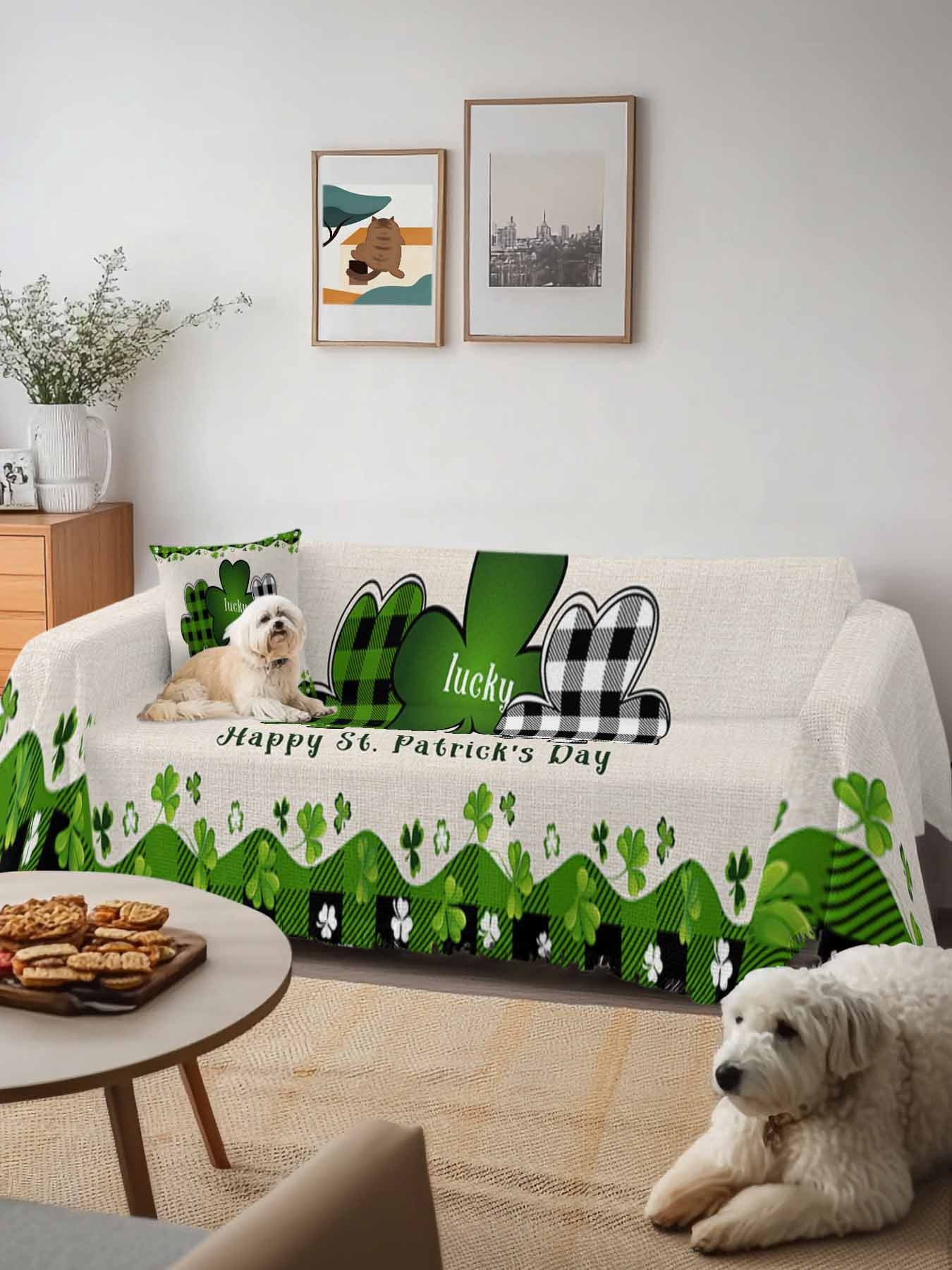 St. Patrick's Day Couch Cover, Green and Black Checkered Lucky Sofa Cover Blanket for 2 Seat Cushion, Sectional Sofa Slipcover Furniture Protector for Living Room Bedroom 71''x102''
