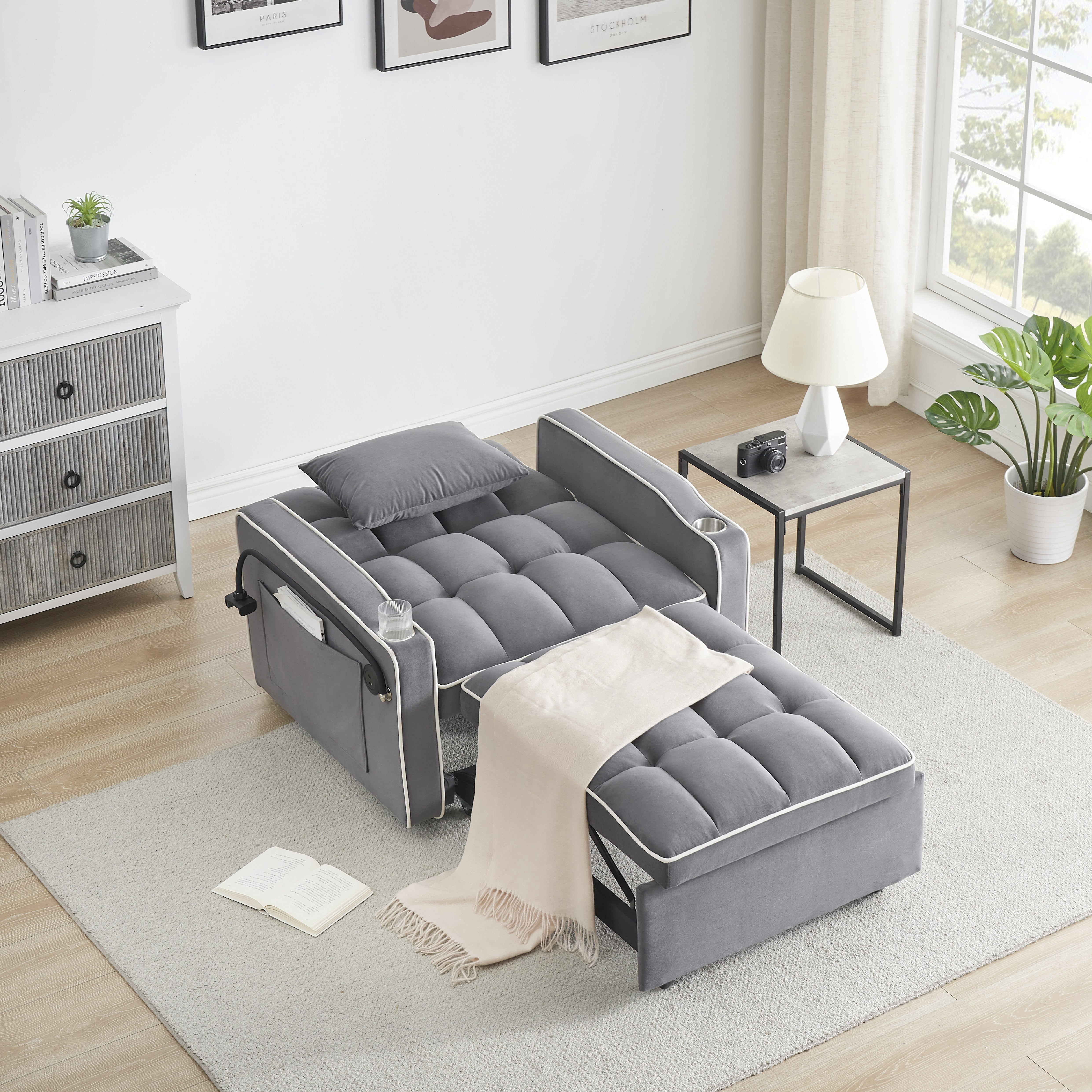avobird 3 in 1 Convertible Chair Bed Sleeper, Pull Out Sofa Bed With adjustable back/USB port/ashtray/swivel phone stand, Gray Lines