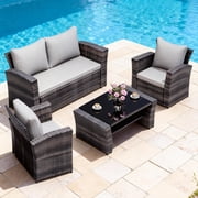 Superjoe 4 Piece Outdoor Patio Furniture Set Rattan Sectional Conversation Set, 4 Cushioned Seats, Gray, 4