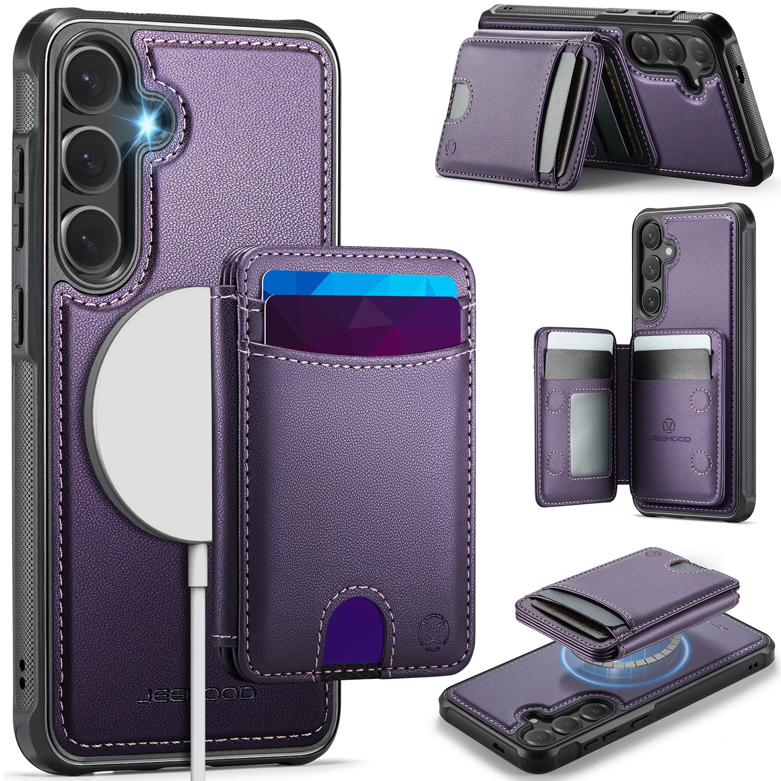 Poweltek Magnetic Detachable RFID Blocking Wallet Phone Case For Samsung Galaxy S26, Shockproof Card Holder Compatible with MagSafe Accessory PU Leather Protective Cover, Purple