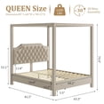 thumbnail image 2 of Queen Size Canopy Bed Frame with Nailhead Decoration Headboard，Upholstered Bed Frame with Poles 4 Corner Bed Bracket,Solid Wood Slats Support,No Box Spring Needed,Noise Free,Beige, 2 of 8