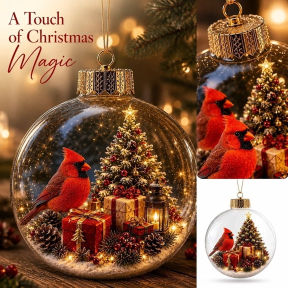 Christmas Ornament 3D Lighted Red Cardinal Glass Ball Hanging Decor for Christmas Tree Decorations, 1 Piece Indoor Holiday Home Decor