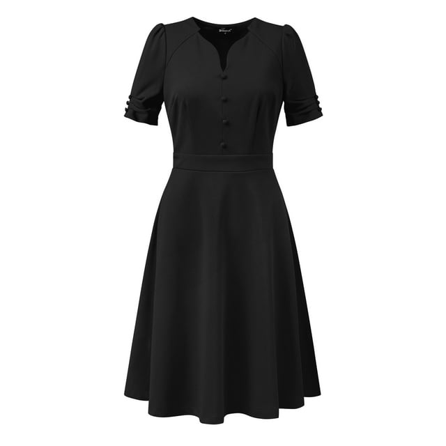Elegante vestido de negocios para mujer, cuello de corazón, plisado, manga corta, vestido de tubo Negro M