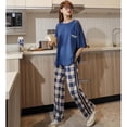 thumbnail image 3 of Women Pajamas Sets Big 3XL Knitted Cotton Pyjama Plaid Female Pijamas Loungewear Short Sleeve Shirt Pants Sleepwear Homewear, 3 of 7