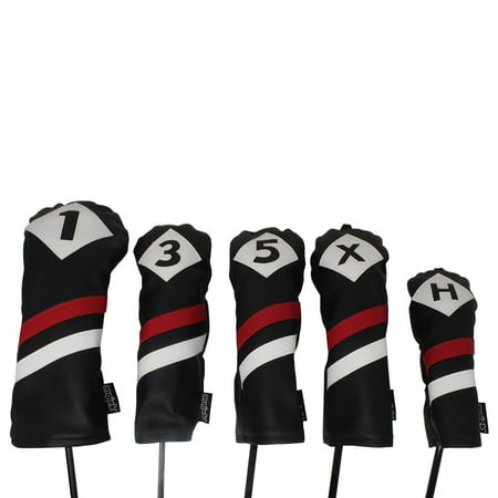 Majek Retro Golf Headcovers Black Red and White Vintage Leather Style 1 3 5 X H Driver Fairway and Hybrid Head Covers Fits 460cc Drivers Classic