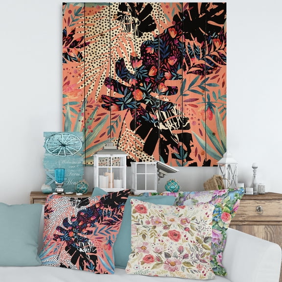 Designart 'Abstract Tropical Floral Patchwork II' Tropical Print on Natural Pine Wood